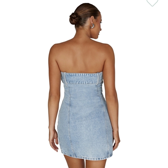 MESHKI Teddi Denim Strapless Mini Bodycon Dress Size LG - Picture 5 of 14